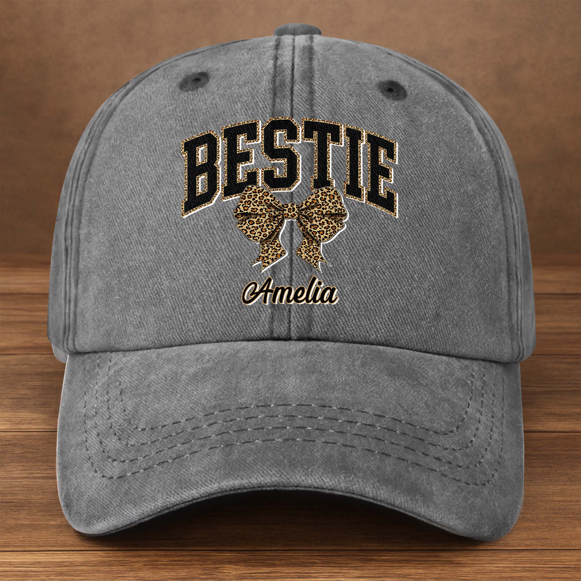 Personalized Leopard Print Bow Washed Denim Cap for Besties Washed Denim Cap GradoCreations