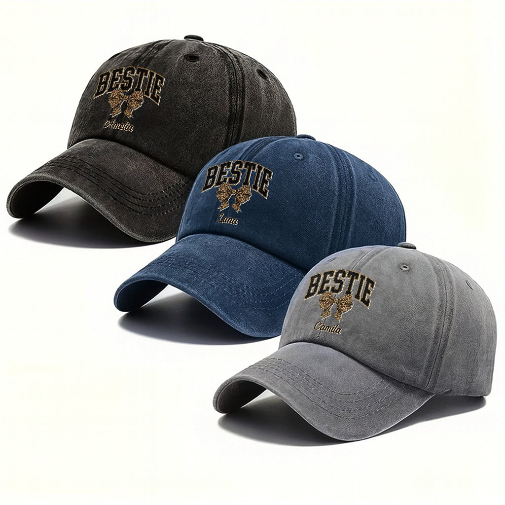 Personalized Leopard Print Bow Washed Denim Cap for Besties Washed Denim Cap GradoCreations