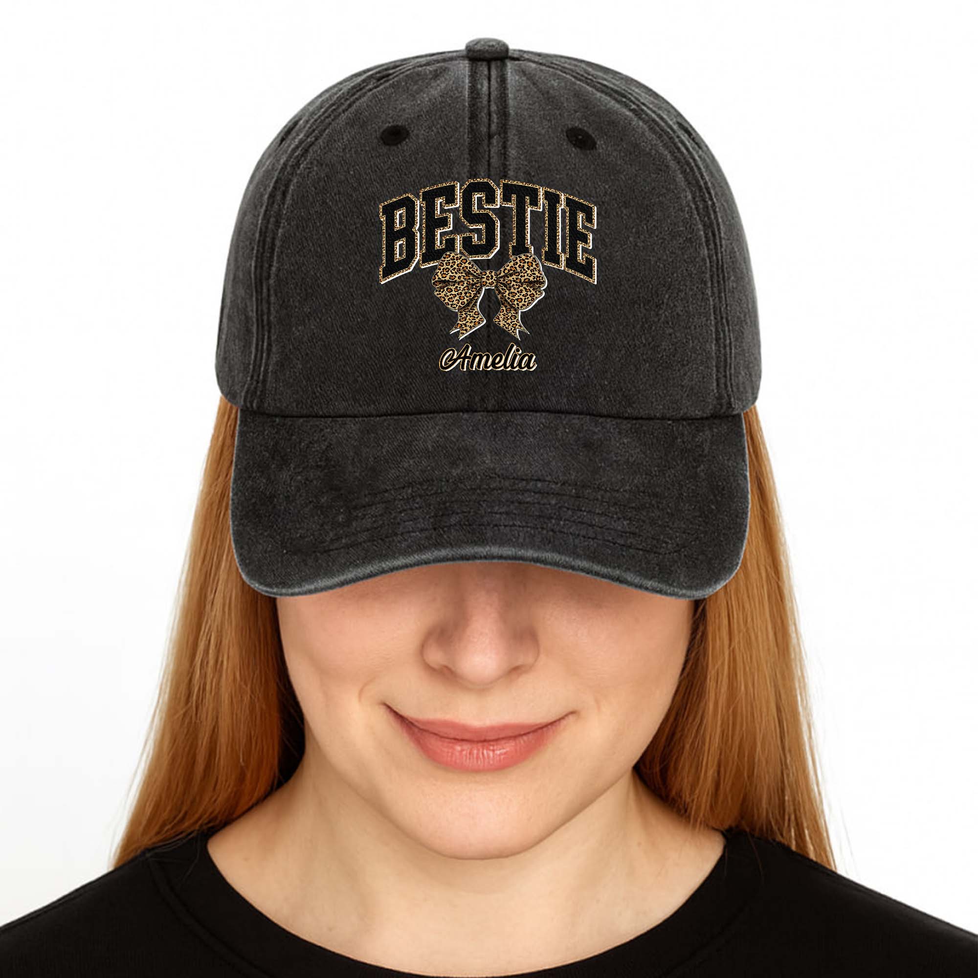 Personalized Leopard Print Bow Washed Denim Cap for Besties Washed Denim Cap GradoCreations