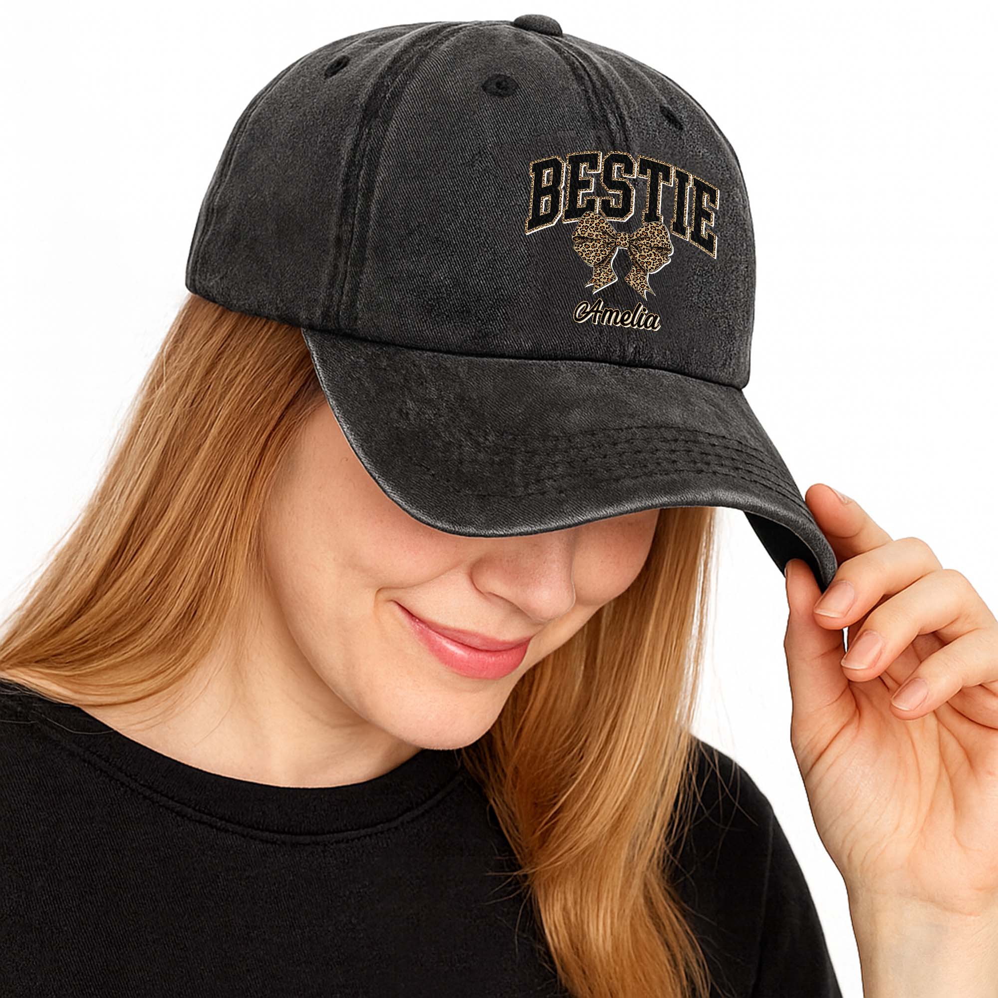 Personalized Leopard Print Bow Washed Denim Cap for Besties Washed Denim Cap GradoCreations