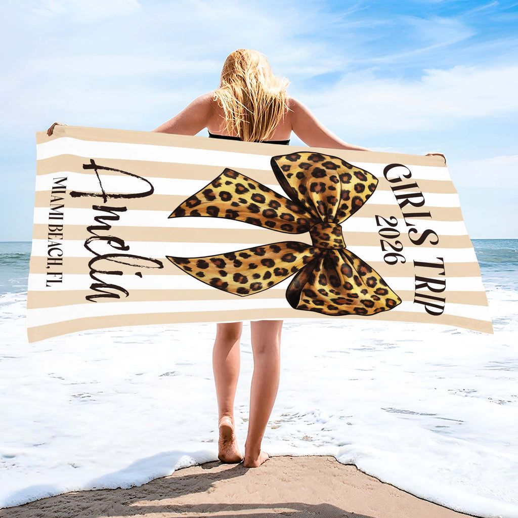 Personalized Leopard Print Beach Towel Custom Name Gift for Best Friends Beach Towels GradoCreations