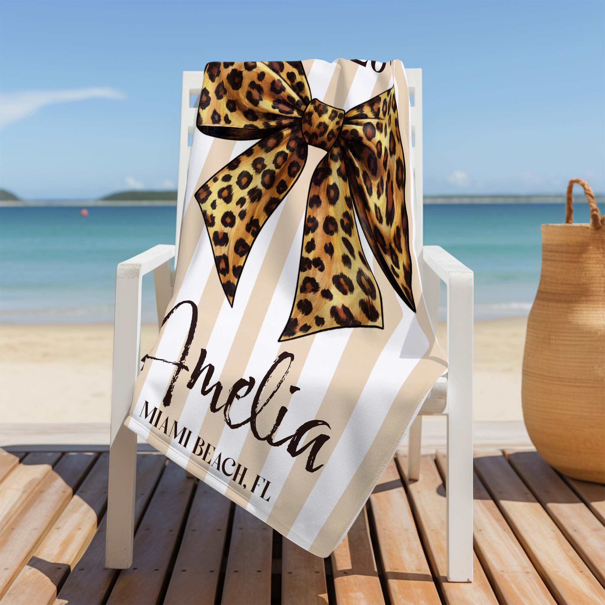 Personalized Leopard Print Beach Towel Custom Name Gift for Best Friends Beach Towels GradoCreations