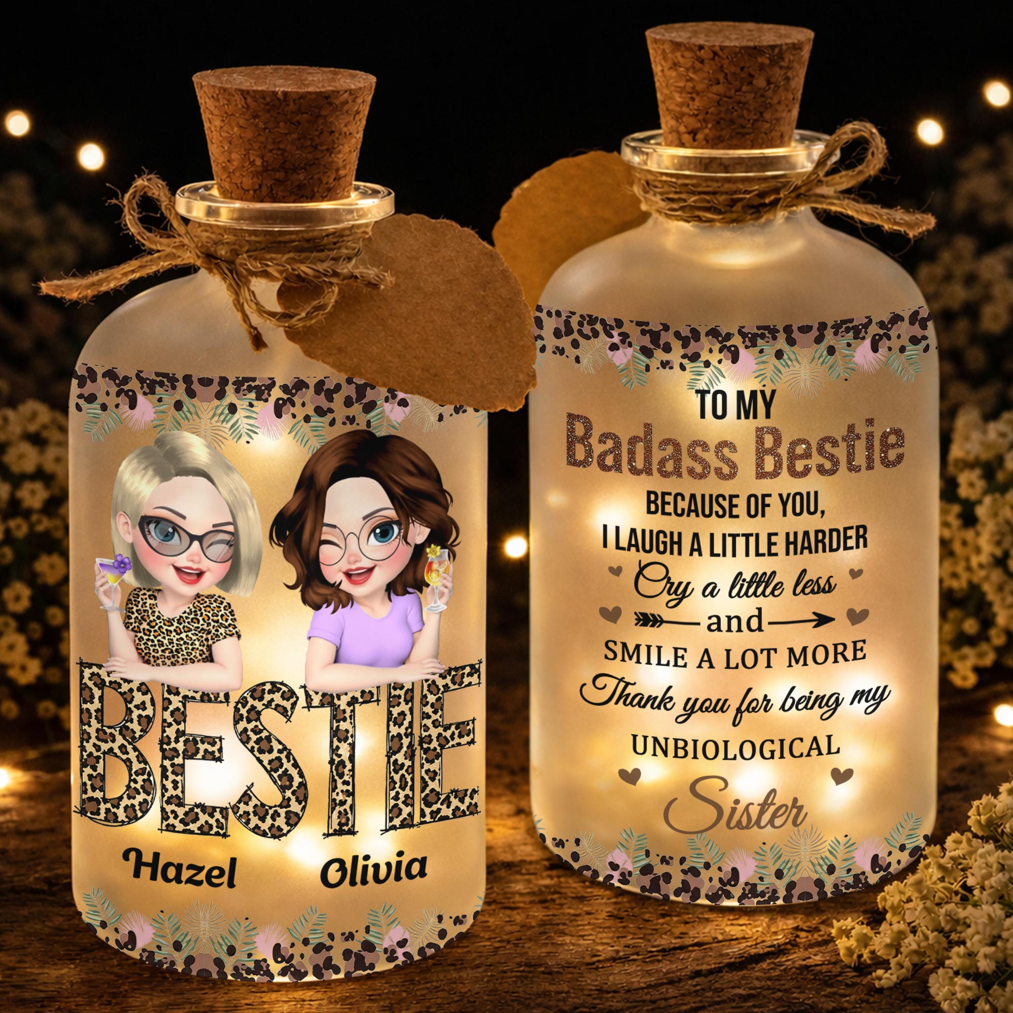Personalized Frosted Glass Bottle Light Custom Bestie Gift Short Bottle Light GradoCreations