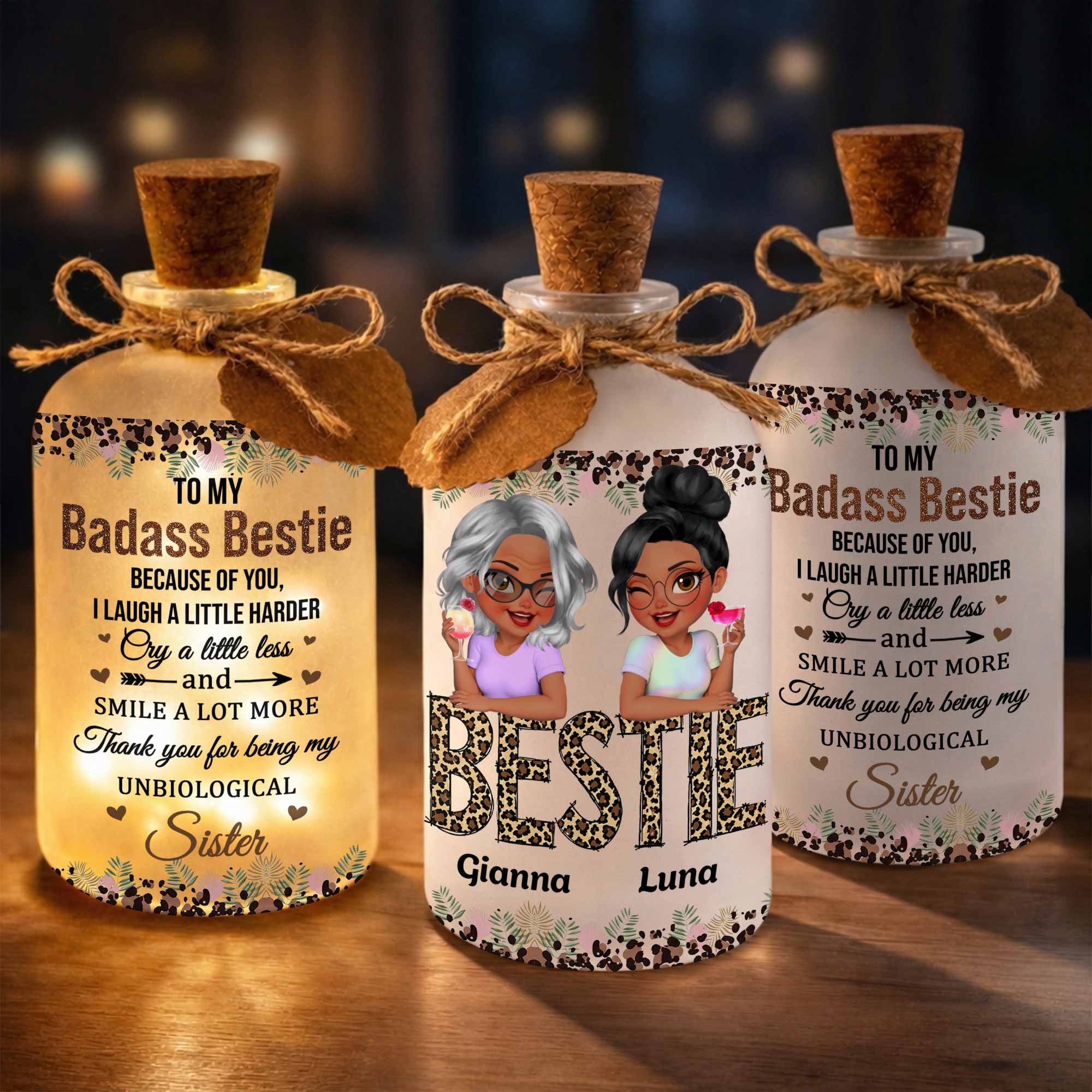 Personalized Frosted Glass Bottle Light Custom Bestie Gift Short Bottle Light GradoCreations