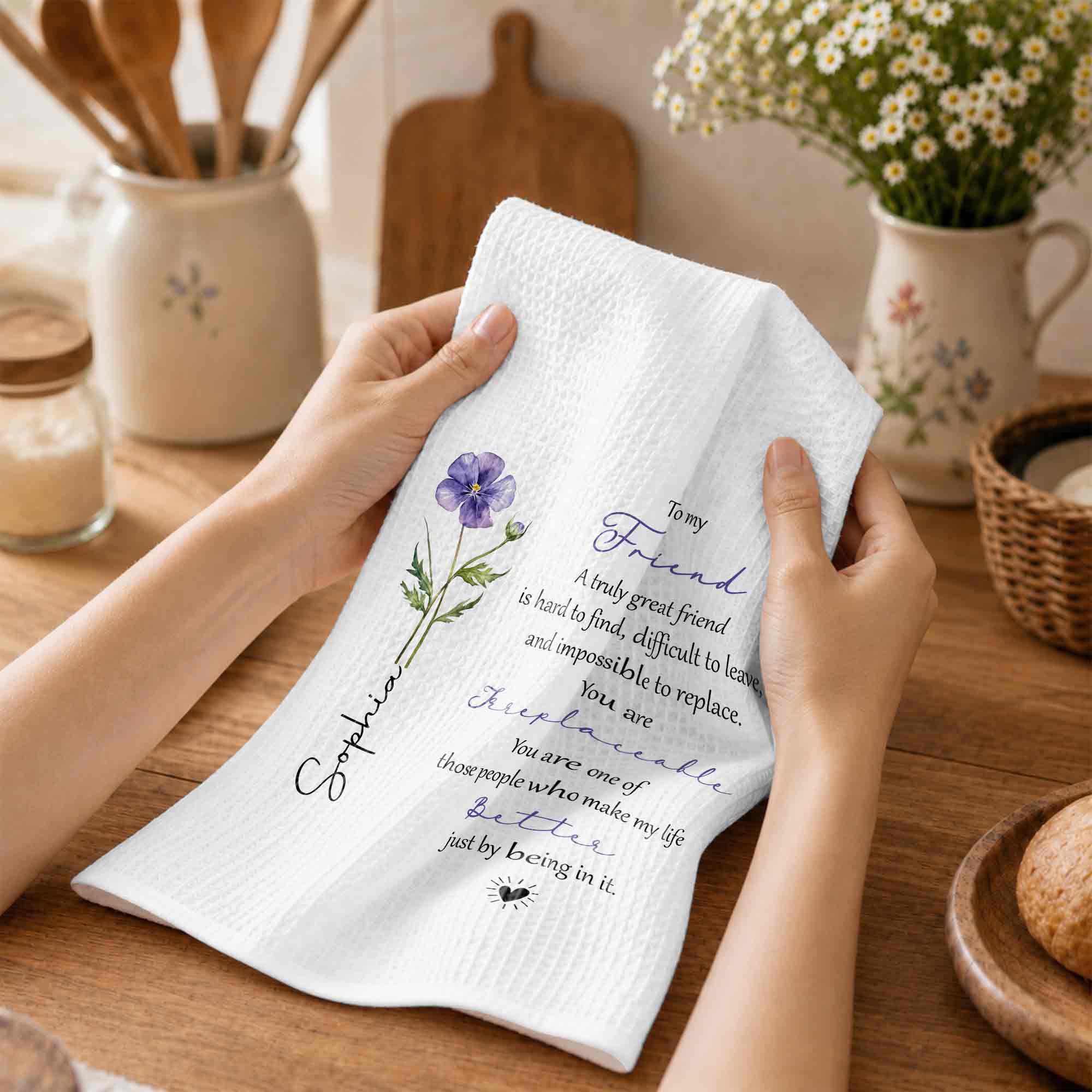 Personalized Kitchen Towel Custom Birth Flower Gift for Best Friend Kitchen Towel GradoCreations
