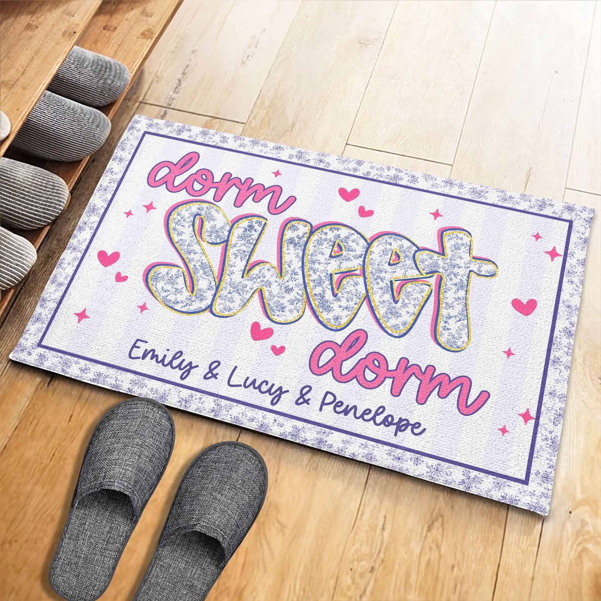Personalized Floral Stripes Doormat Custom Name Gift for Dorm