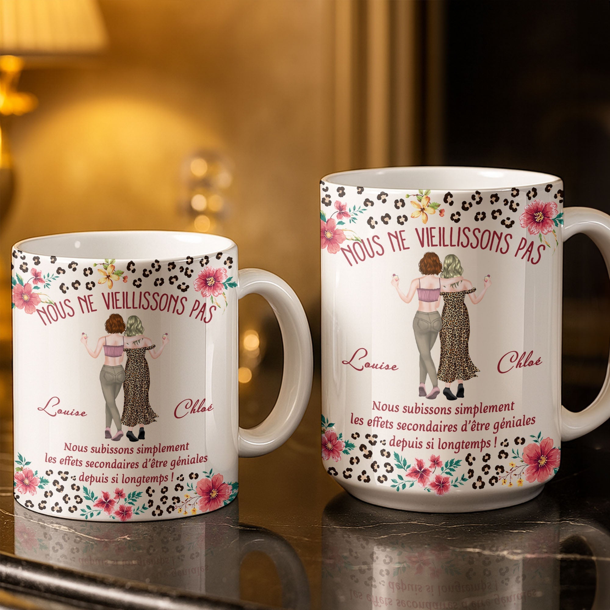 Personalized Floral Leopard Print Coffee Mug Custom Gift for Best Friends Edge-to-edge Mug GradoCreations