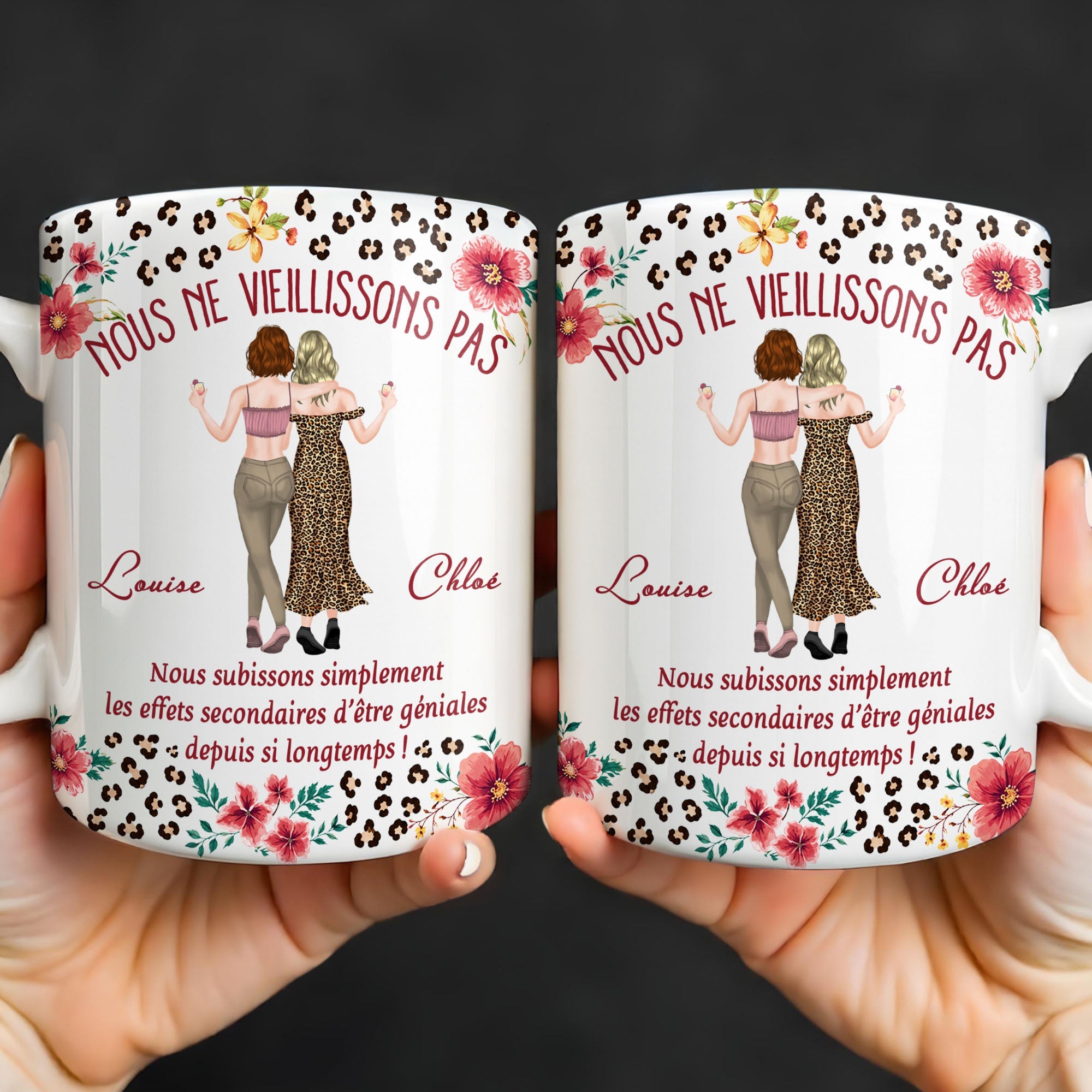 Personalized Floral Leopard Print Coffee Mug Custom Gift for Best Friends Edge-to-edge Mug GradoCreations