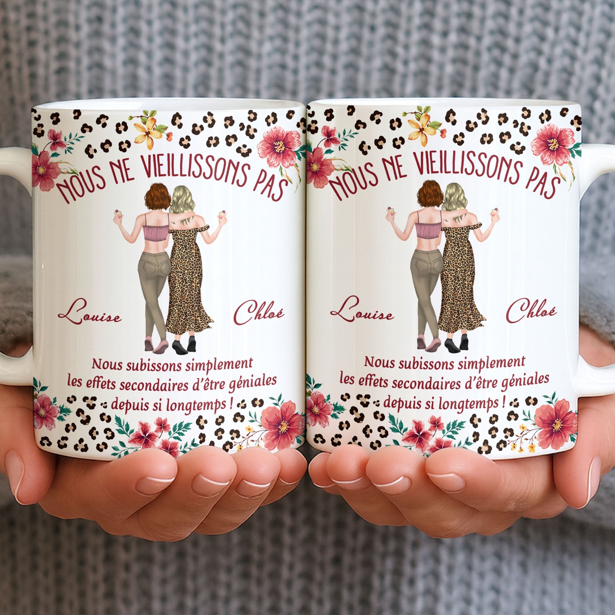 Personalized Floral Leopard Print Coffee Mug Custom Gift for Best Friends Edge-to-edge Mug GradoCreations