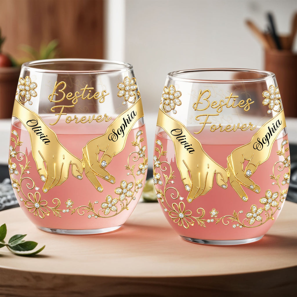 Personalized Stemless Wine Glass Bestie Gift Custom Name Floral Wine Glasses GradoCreations