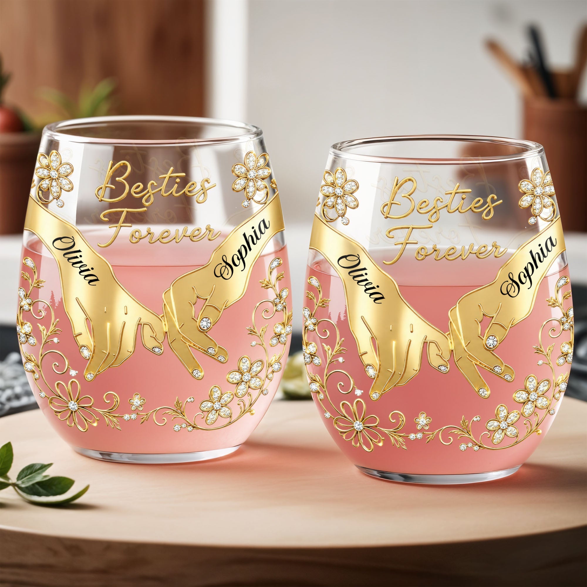 Personalized Stemless Wine Glass Bestie Gift Custom Name Floral Wine Glasses GradoCreations