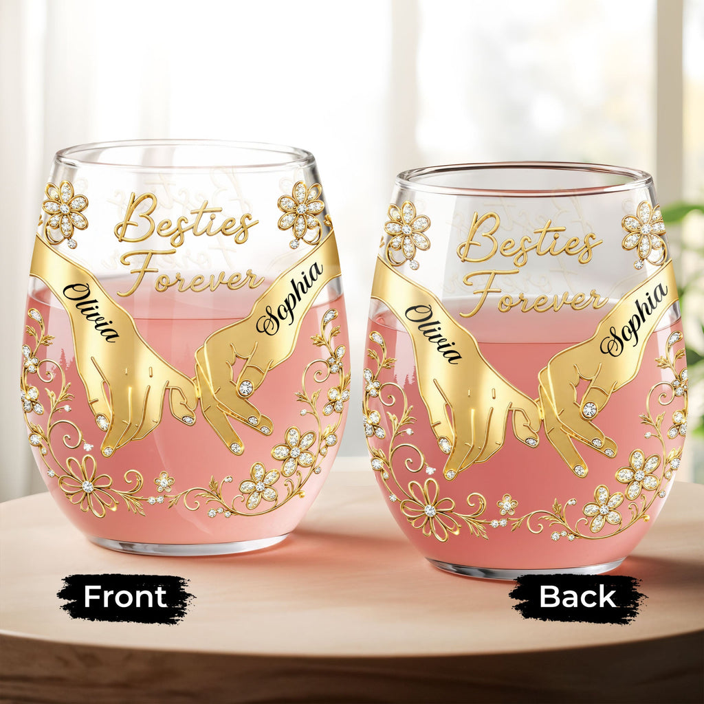 Personalized Stemless Wine Glass Bestie Gift Custom Name Floral Wine Glasses GradoCreations