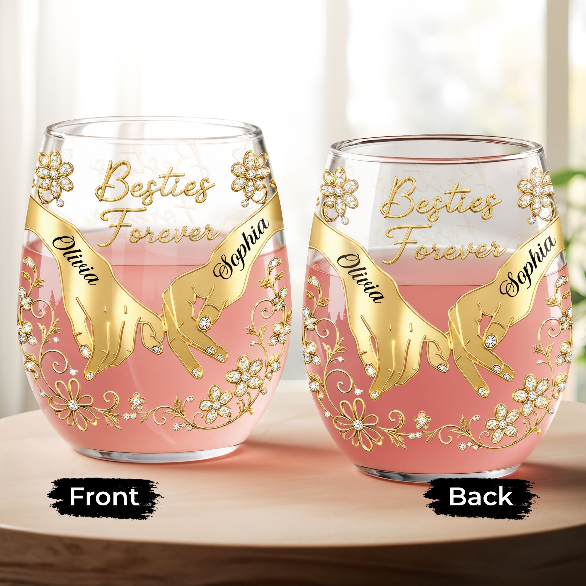 Personalized Stemless Wine Glass Bestie Gift Custom Name Floral Wine Glasses GradoCreations
