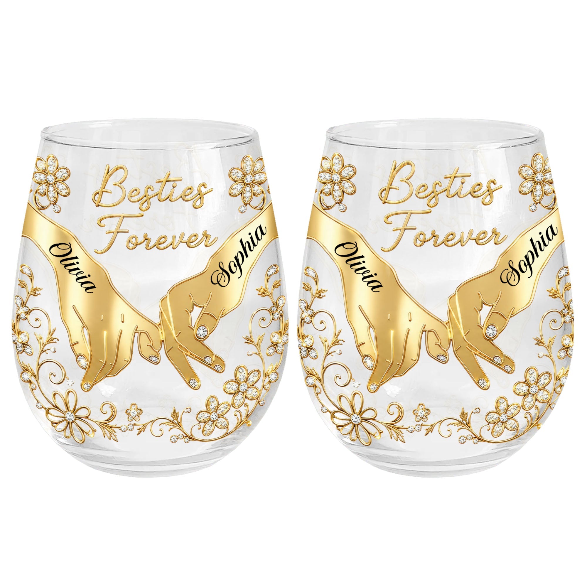 Personalized Stemless Wine Glass Bestie Gift Custom Name Floral Wine Glasses GradoCreations