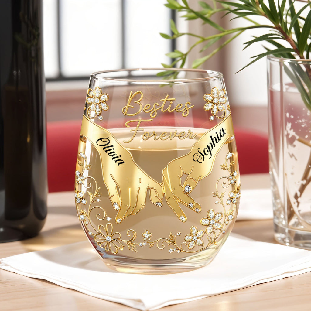 Personalized Stemless Wine Glass Bestie Gift Custom Name Floral Wine Glasses GradoCreations