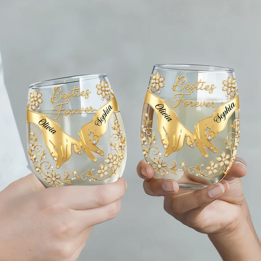 Personalized Stemless Wine Glass Bestie Gift Custom Name Floral Wine Glasses GradoCreations