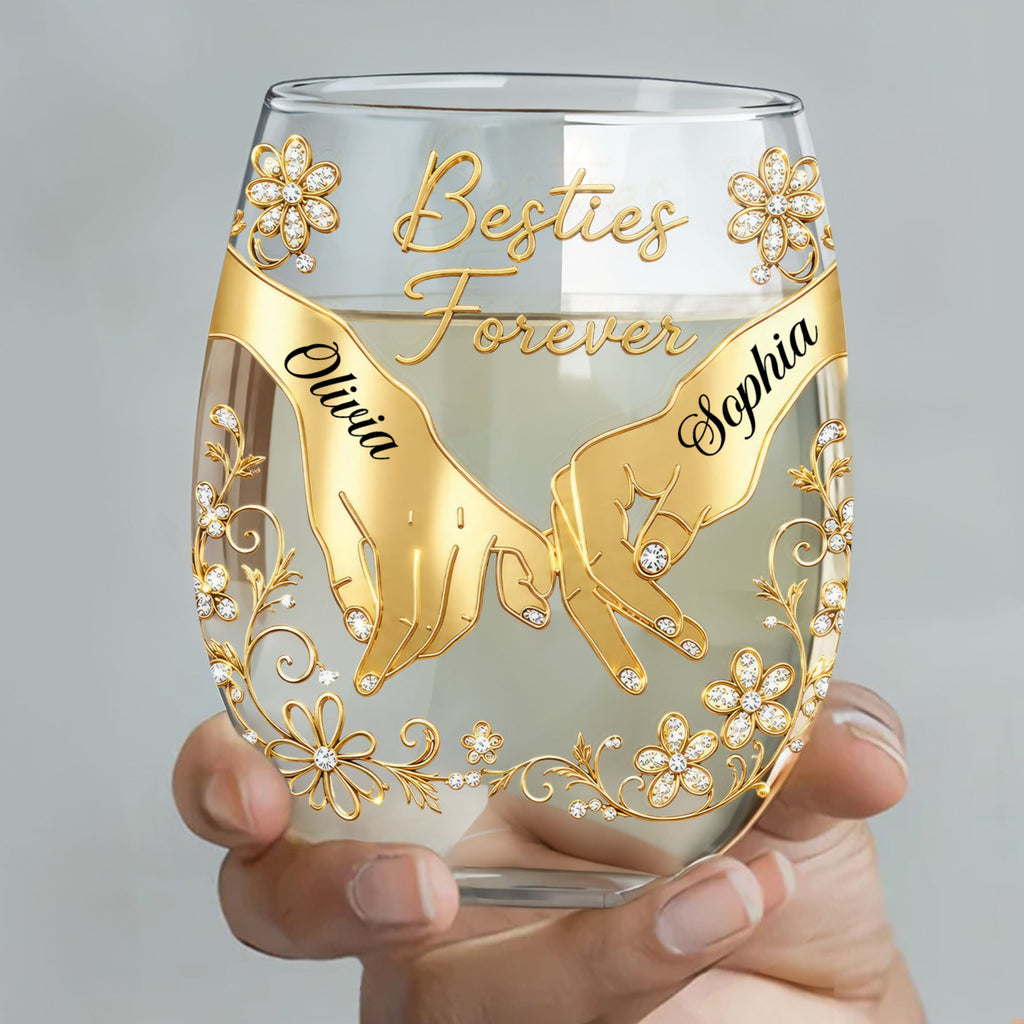 Personalized Stemless Wine Glass Bestie Gift Custom Name Floral Wine Glasses GradoCreations