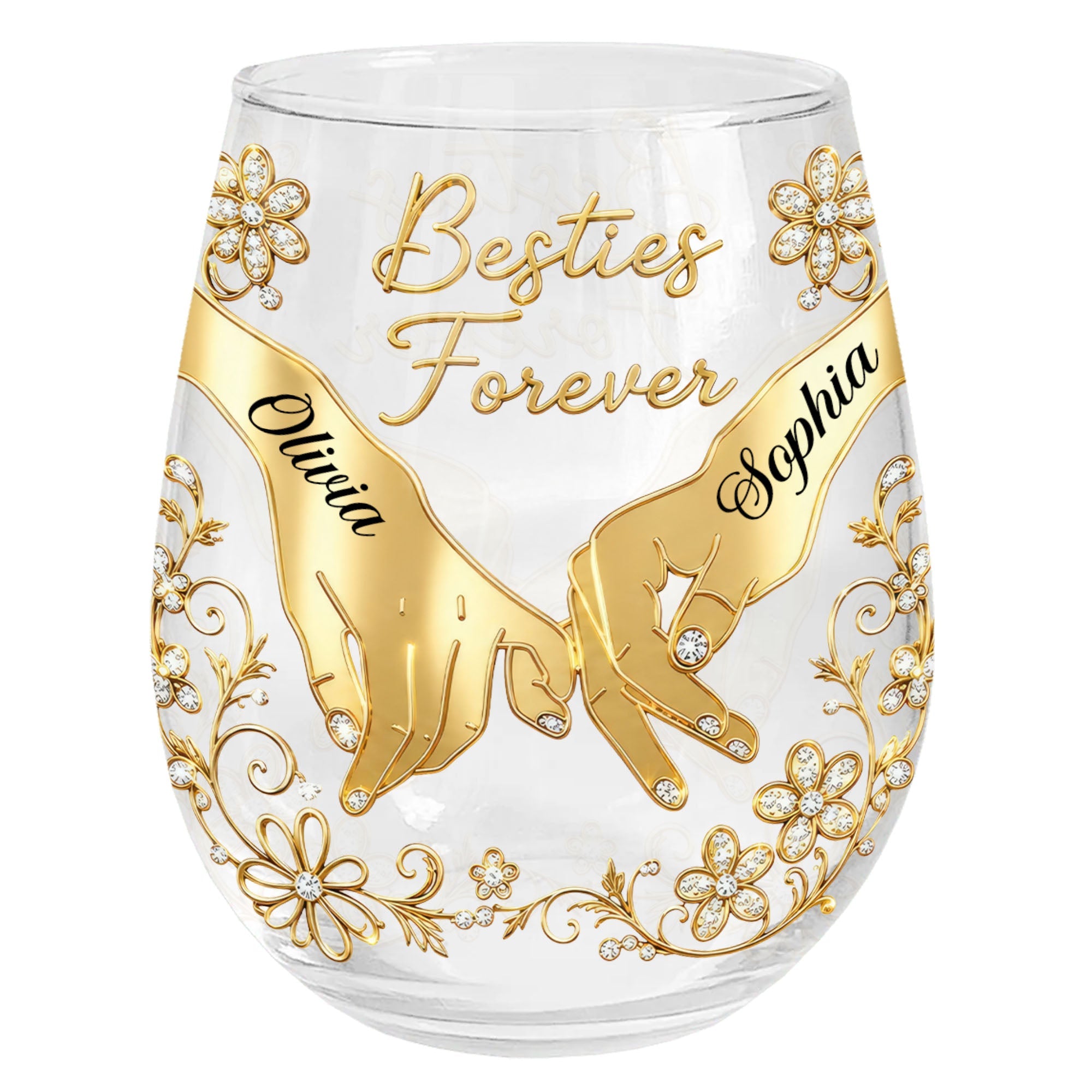 Personalized Stemless Wine Glass Bestie Gift Custom Name Floral Wine Glasses GradoCreations