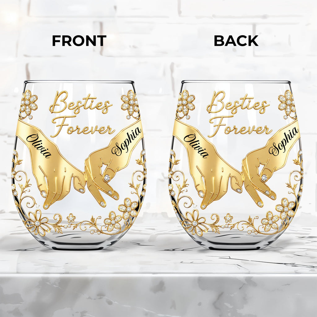 Personalized Stemless Wine Glass Bestie Gift Custom Name Floral Wine Glasses GradoCreations