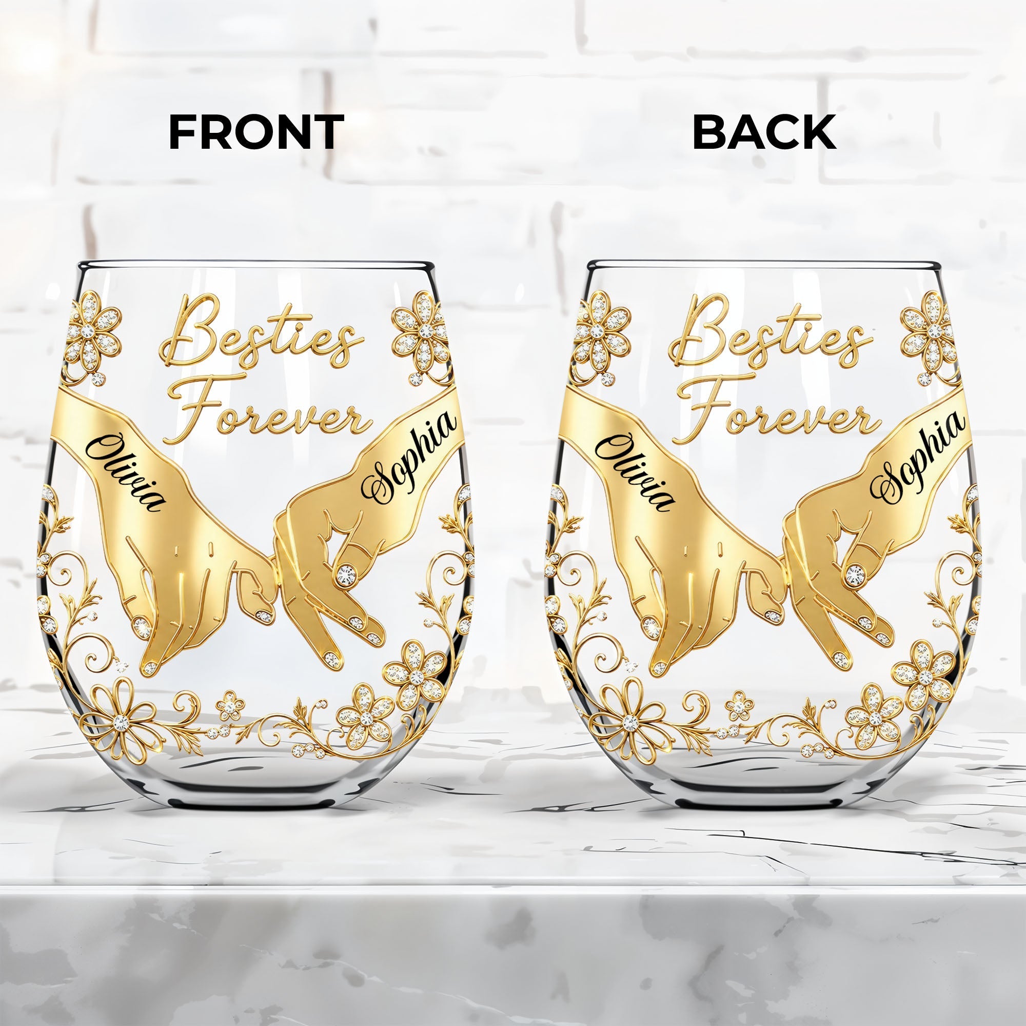 Personalized Stemless Wine Glass Bestie Gift Custom Name Floral Wine Glasses GradoCreations