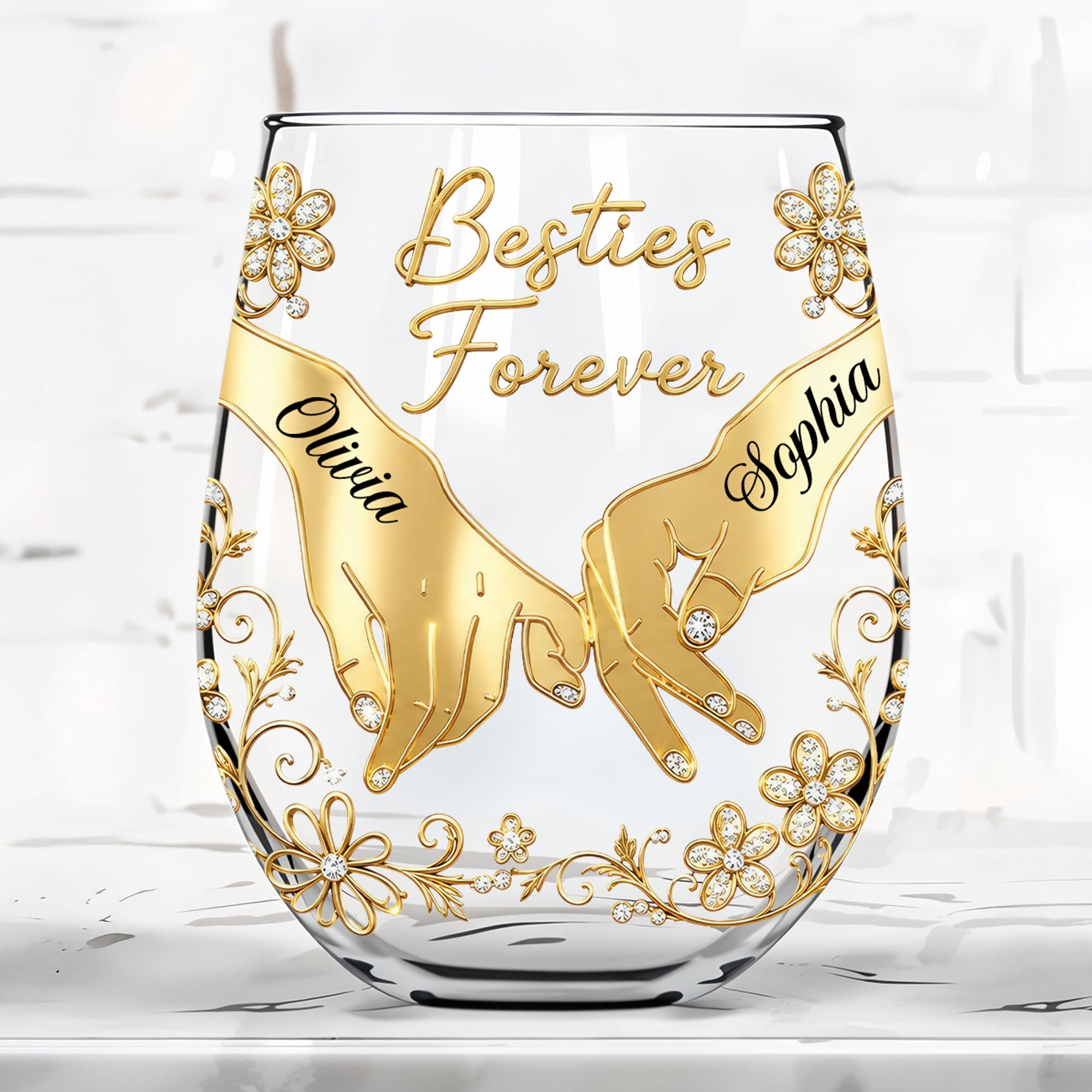 Personalized Stemless Wine Glass Bestie Gift Custom Name Floral Wine Glasses GradoCreations