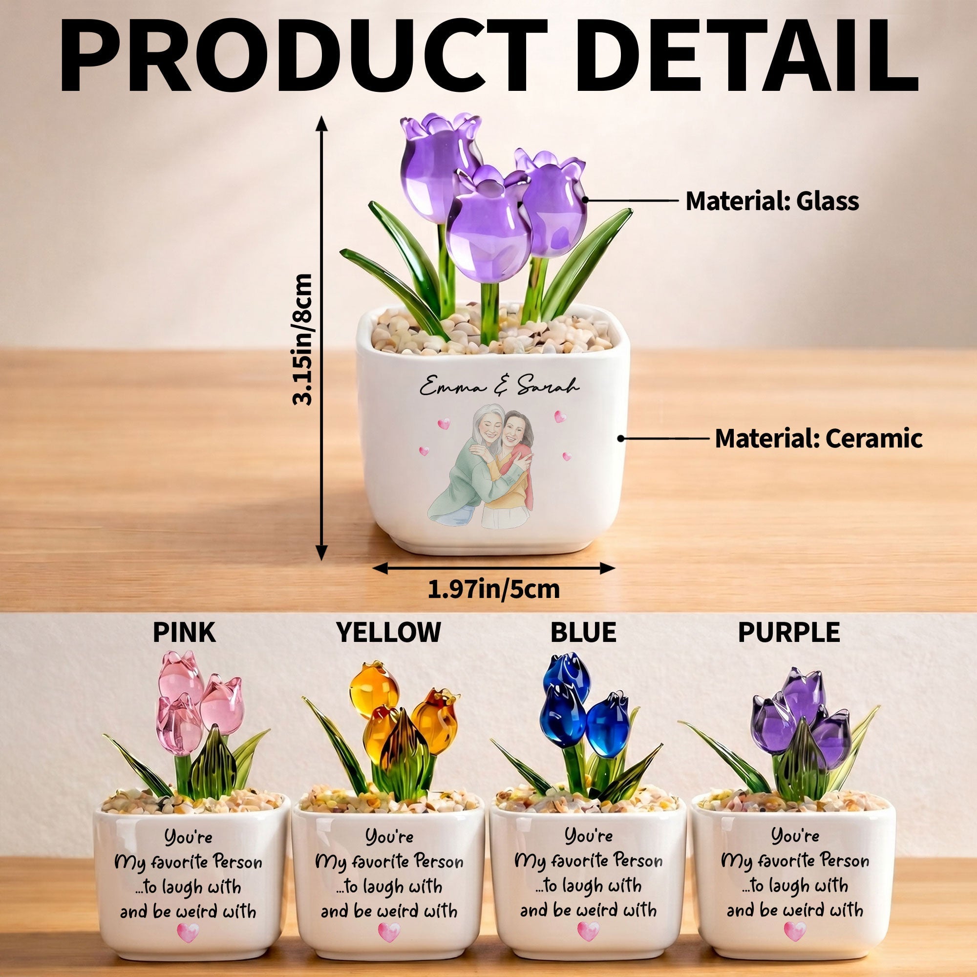 Personalized Glass Tulip Flowers Custom Name Gift for Best Friend