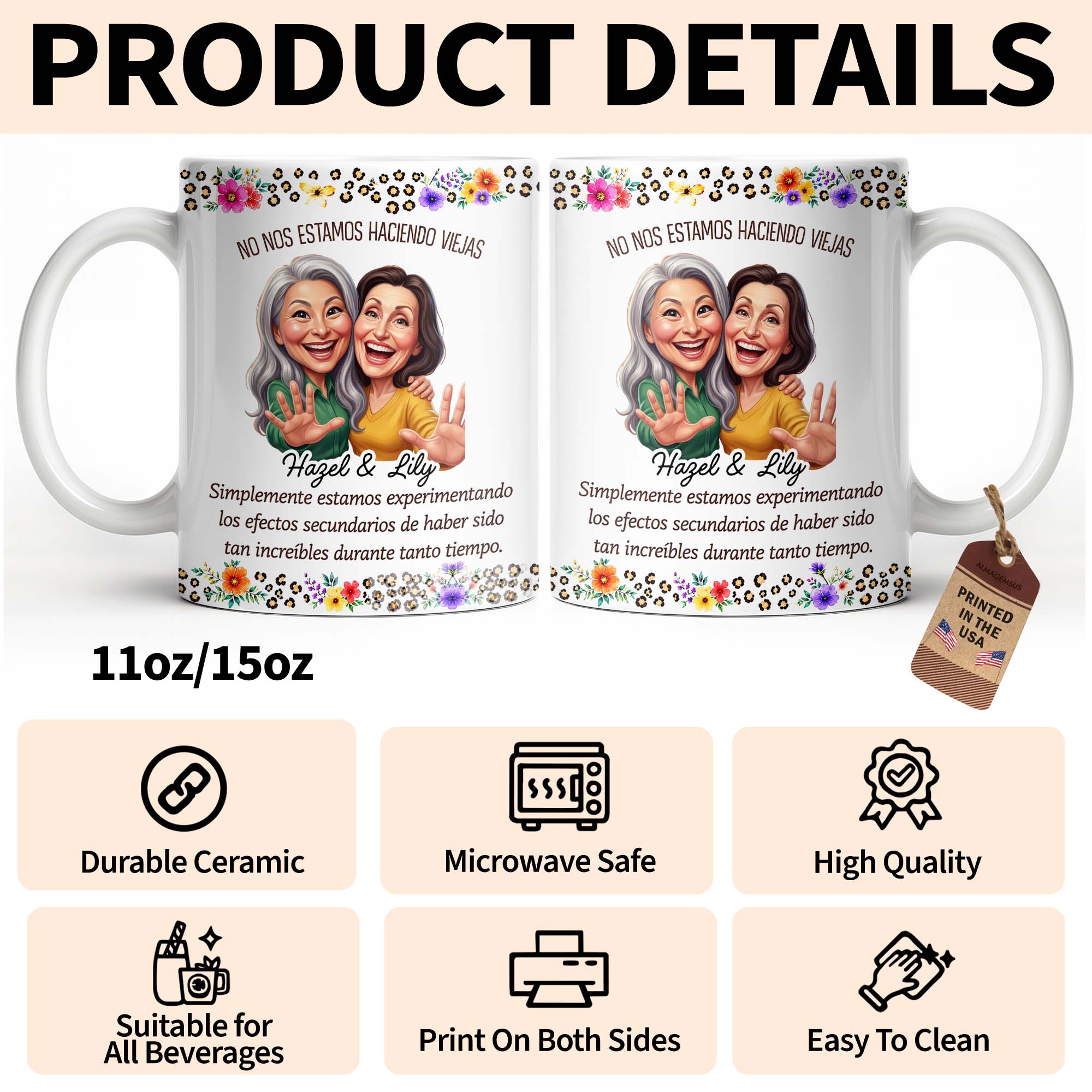 Personalized Best Friends Coffee Mug Custom Flower Design Gift Edge-to-edge Mug GradoCreations