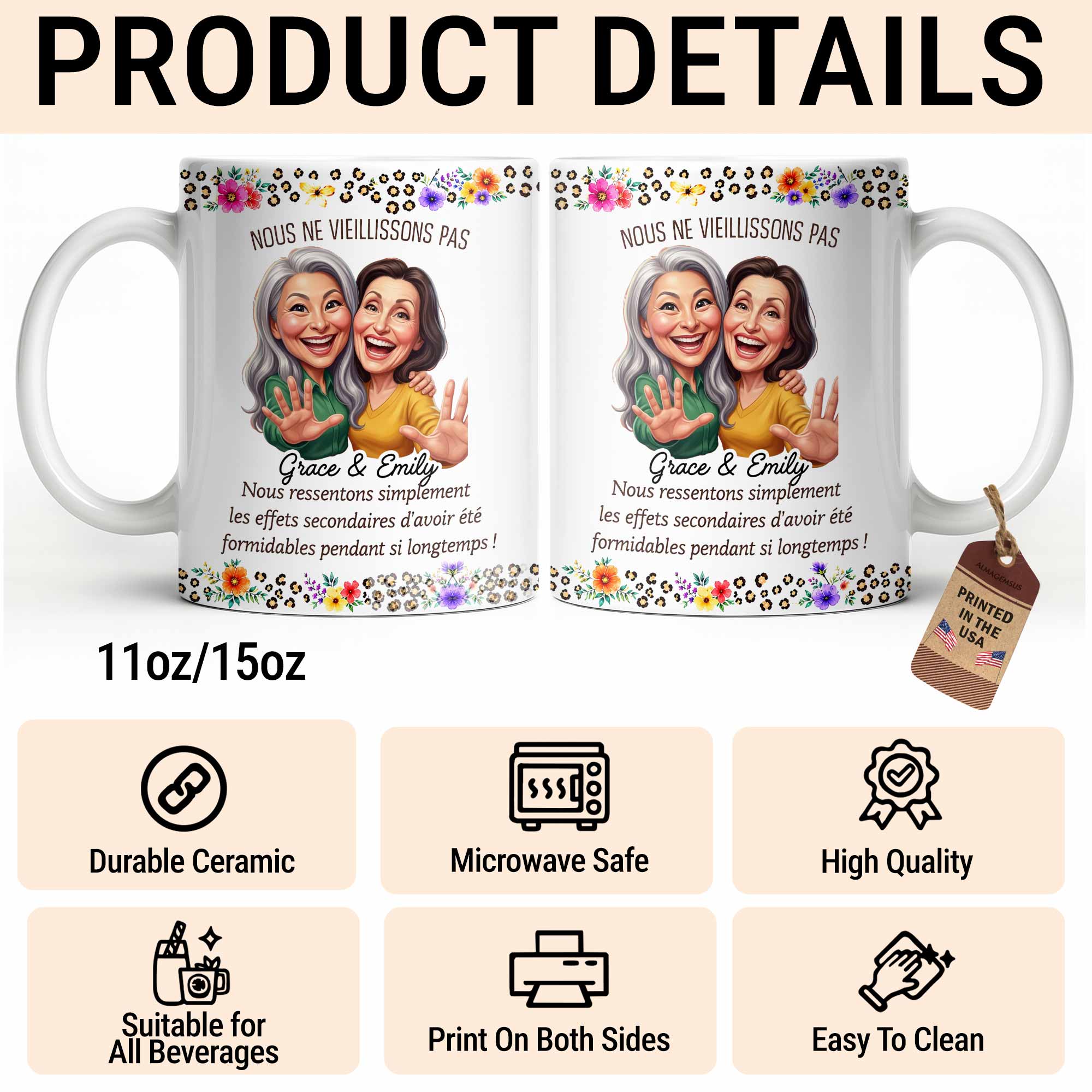 Personalized Floral Coffee Mug Custom Gift for Best Friends Edge-to-edge Mug GradoCreations