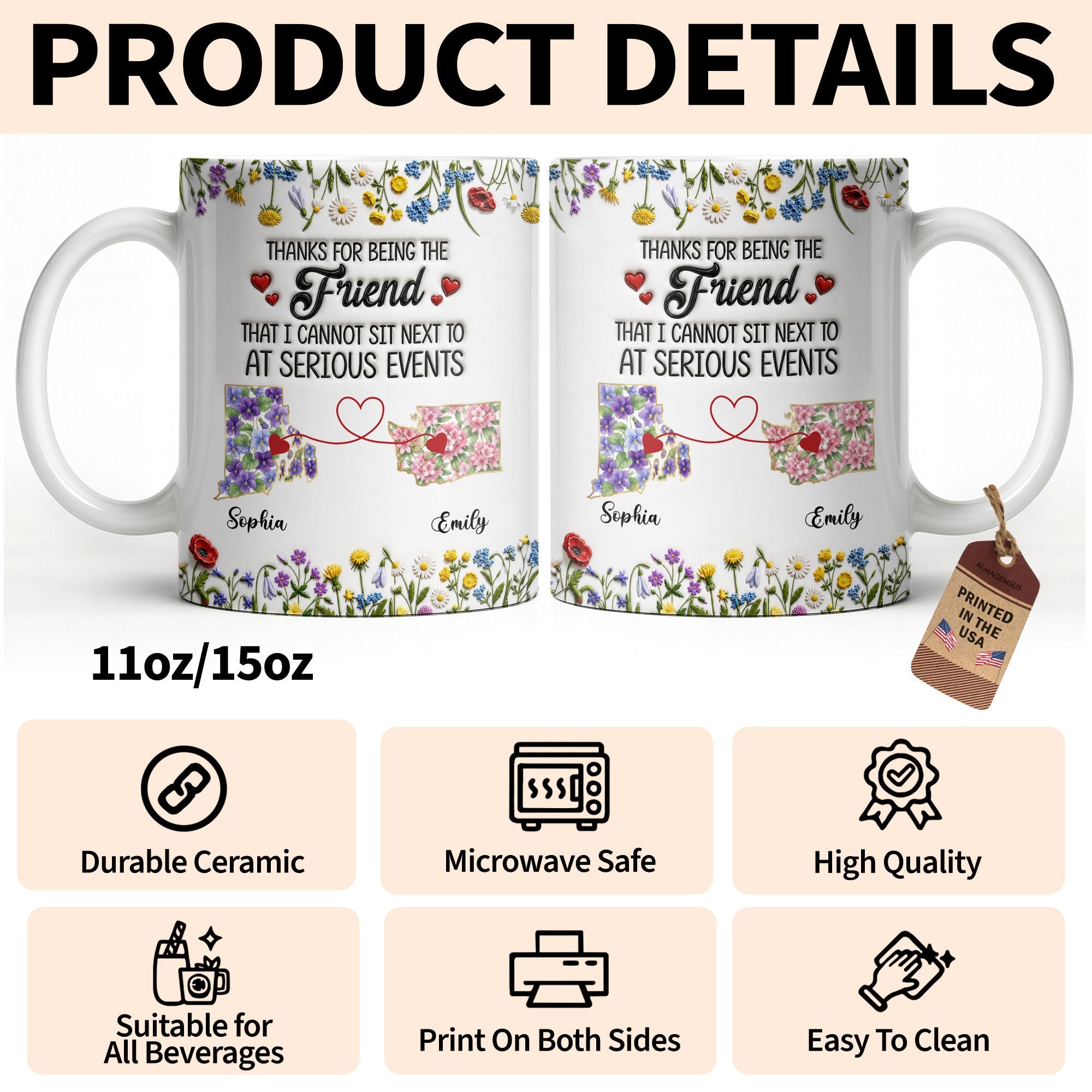 Personalized Best Friend Coffee Mug Custom State Art Gift Edge-to-edge Mug GradoCreations