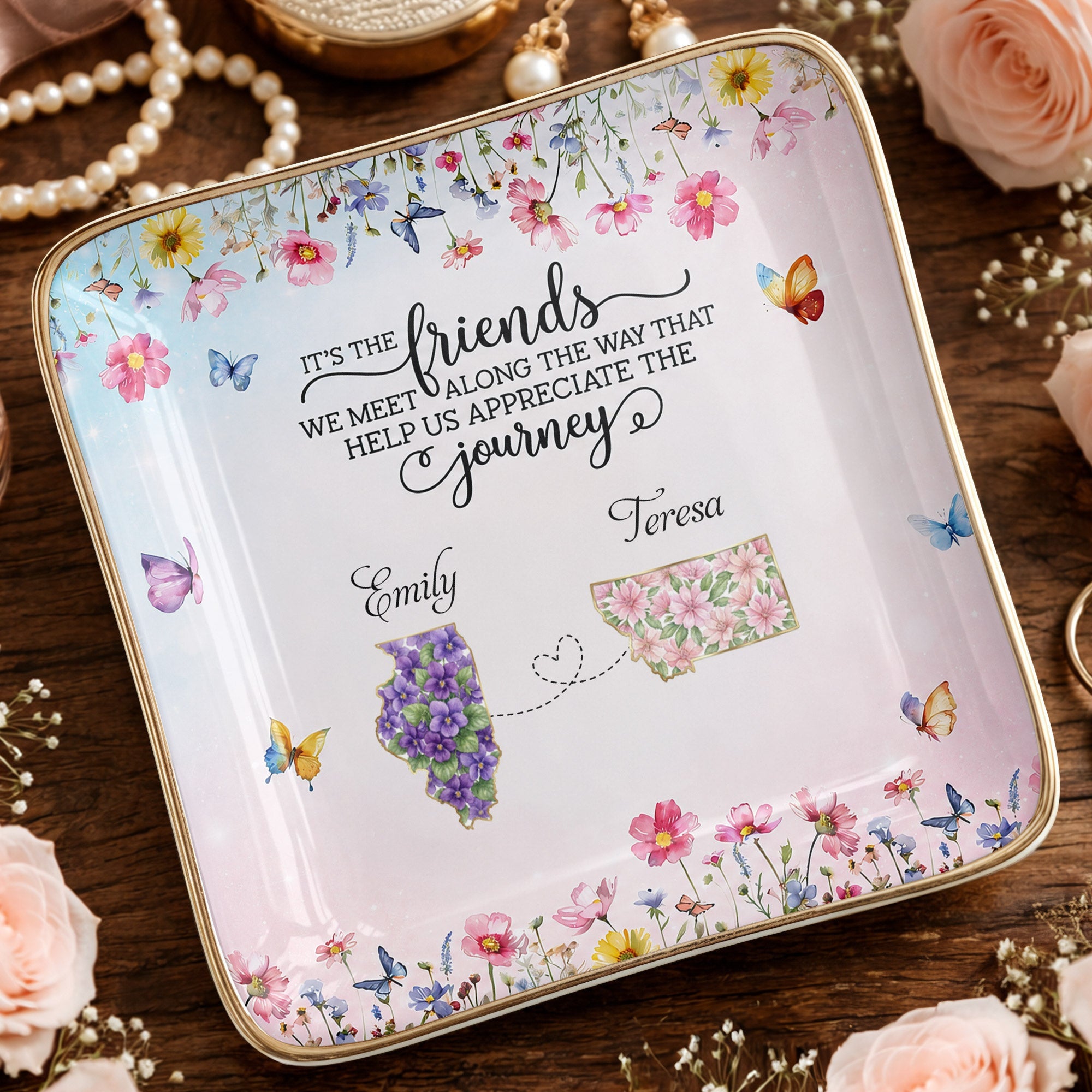 Personalized Floral State Jewelry Dish Custom Gift for Best Friends Jewelry Dish GradoCreations