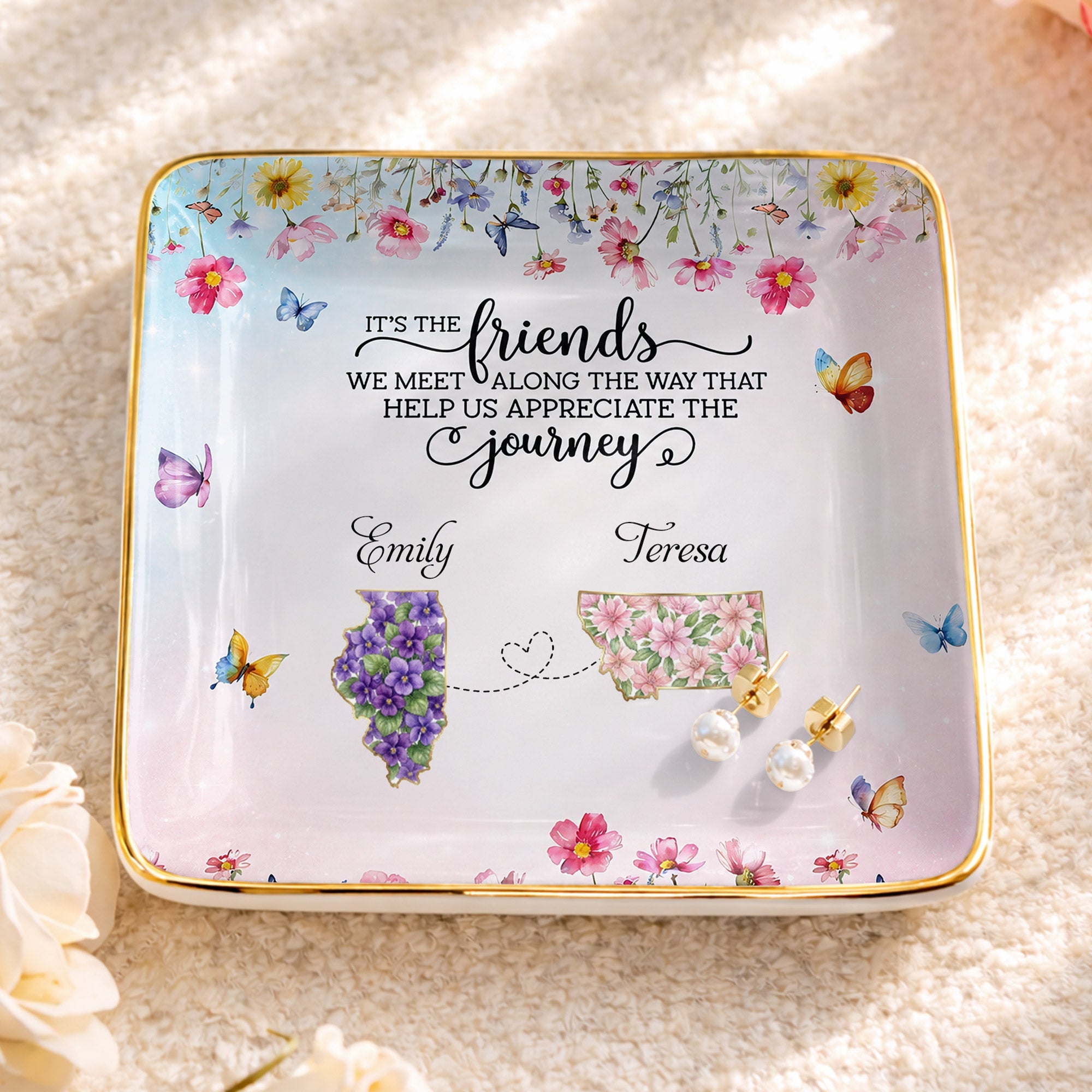 Personalized Floral State Jewelry Dish Custom Gift for Best Friends Jewelry Dish GradoCreations