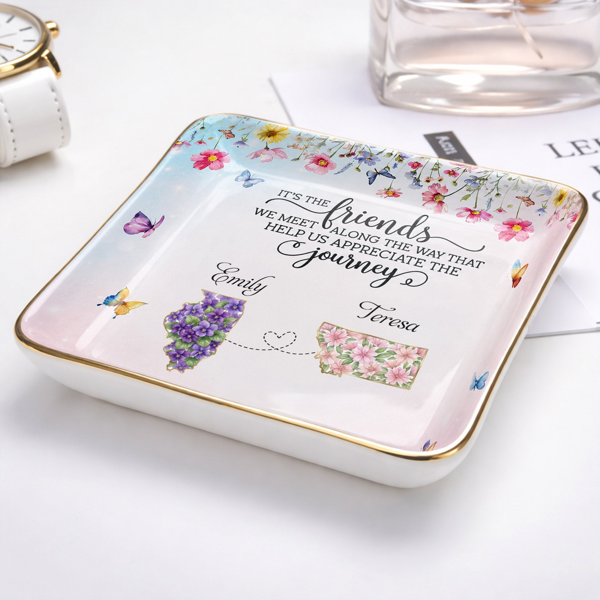 Personalized Floral State Jewelry Dish Custom Gift for Best Friends Jewelry Dish GradoCreations