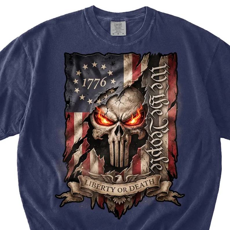 Personalized Comfort Shirt USA Patriotic Skull Graphic Gift Comfort Shirt FIX GradoCreations