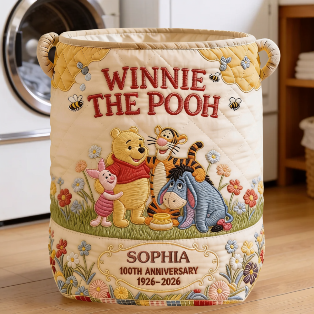 Personalized Quilted Laundry Basket Winnie The Pooh Gift for Mom Quilted Laundry Basket GradoCreations