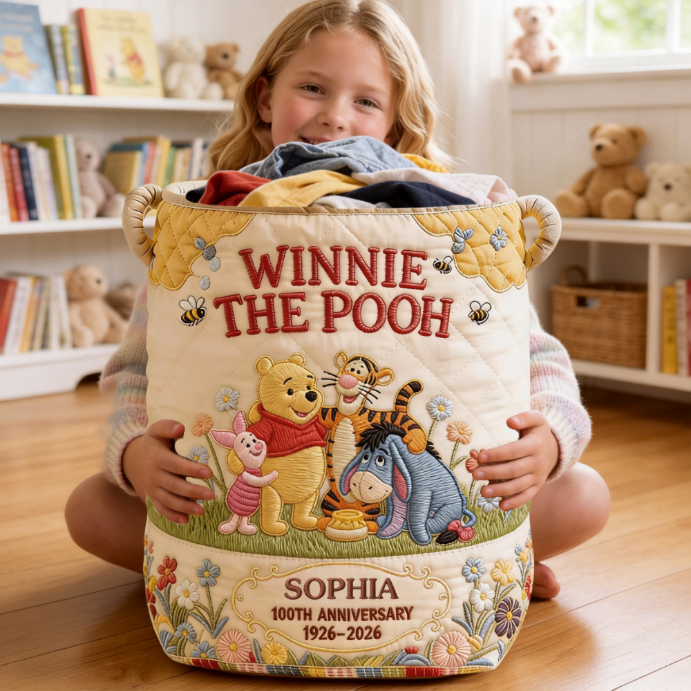 Personalized Quilted Laundry Basket Winnie The Pooh Gift for Mom Quilted Laundry Basket GradoCreations