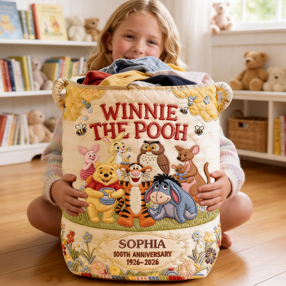 Personalized Winnie the Pooh Quilted Laundry Basket Gift for Kids Quilted Laundry Basket GradoCreations