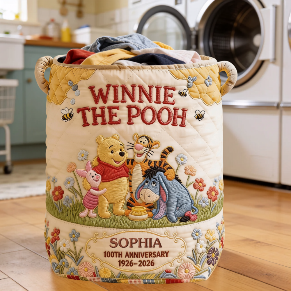 Personalized Quilted Laundry Basket Winnie The Pooh Gift for Mom Quilted Laundry Basket GradoCreations