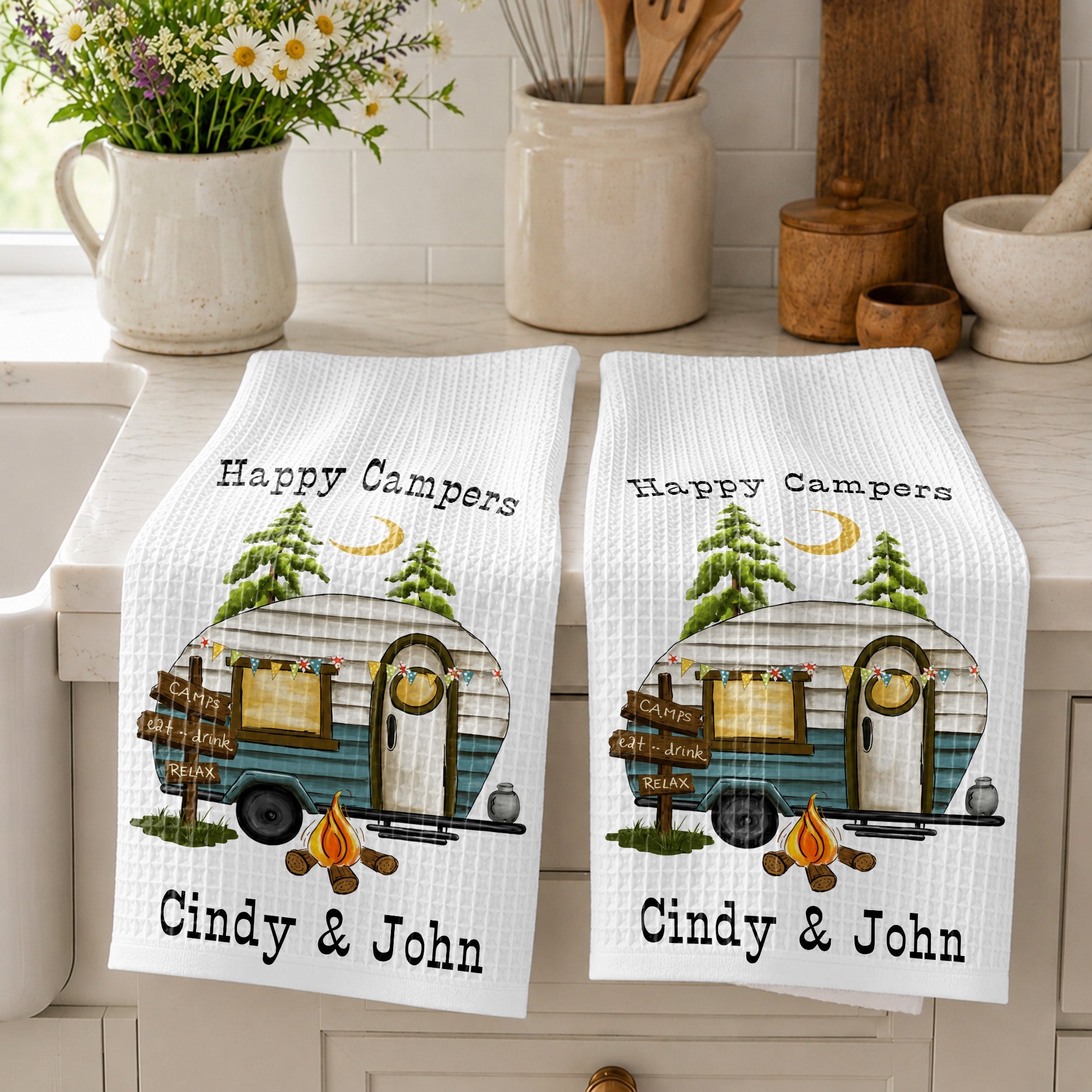 Personalized Kitchen Towel Happy Campers Vintage Camper Gift