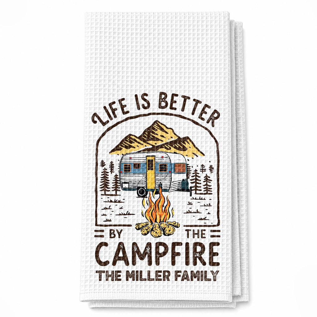 Personalized Camping Decor Kitchen Towel Family Gift - Campfire Design