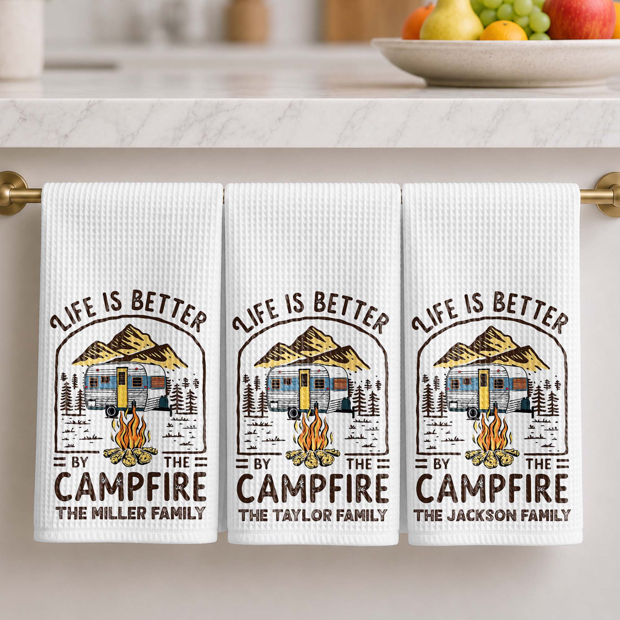 Personalized Camping Decor Kitchen Towel Family Gift - Campfire Design