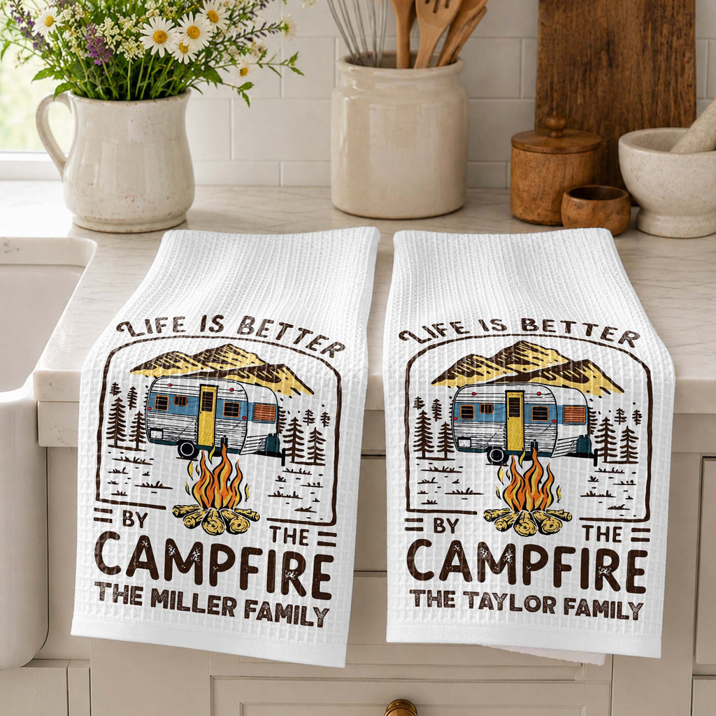 Personalized Camping Decor Kitchen Towel Family Gift - Campfire Design