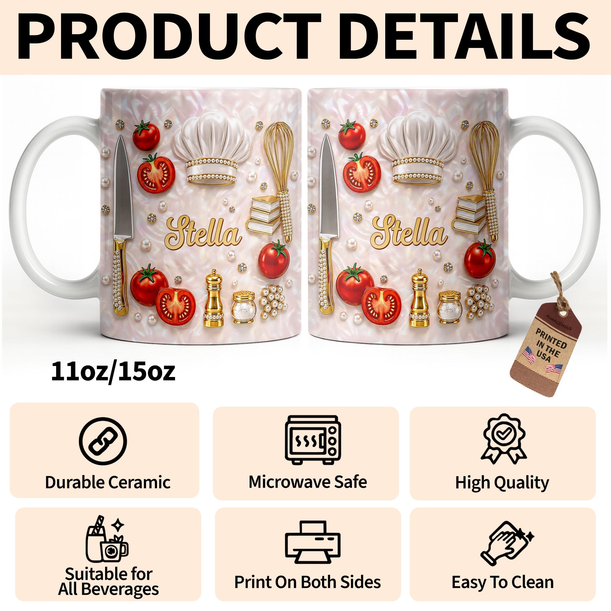 Personalized Chef Mug Mother of Pearl Mosaic Custom Gift for Mom Edge-to-edge Mug GradoCreations