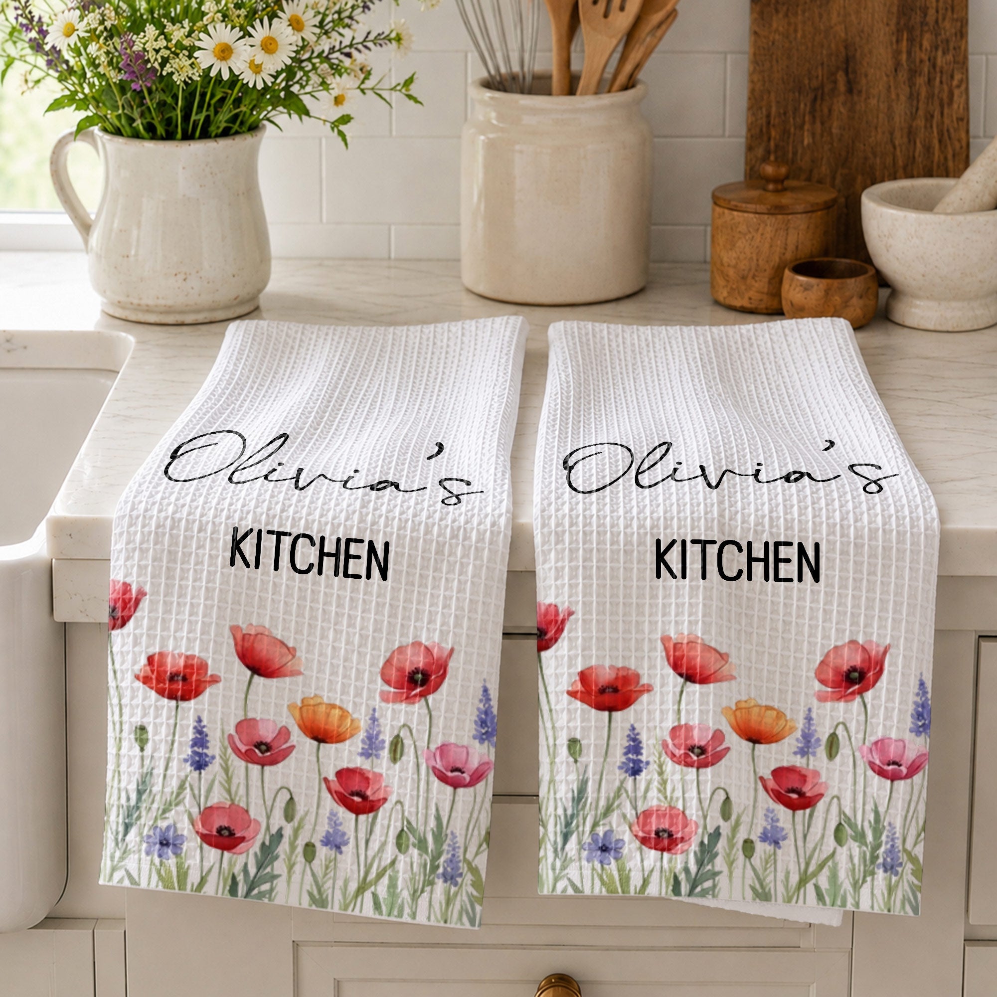 Personalized Kitchen Towel Birth Month Flowers Custom Gift Kitchen Towel GradoCreations