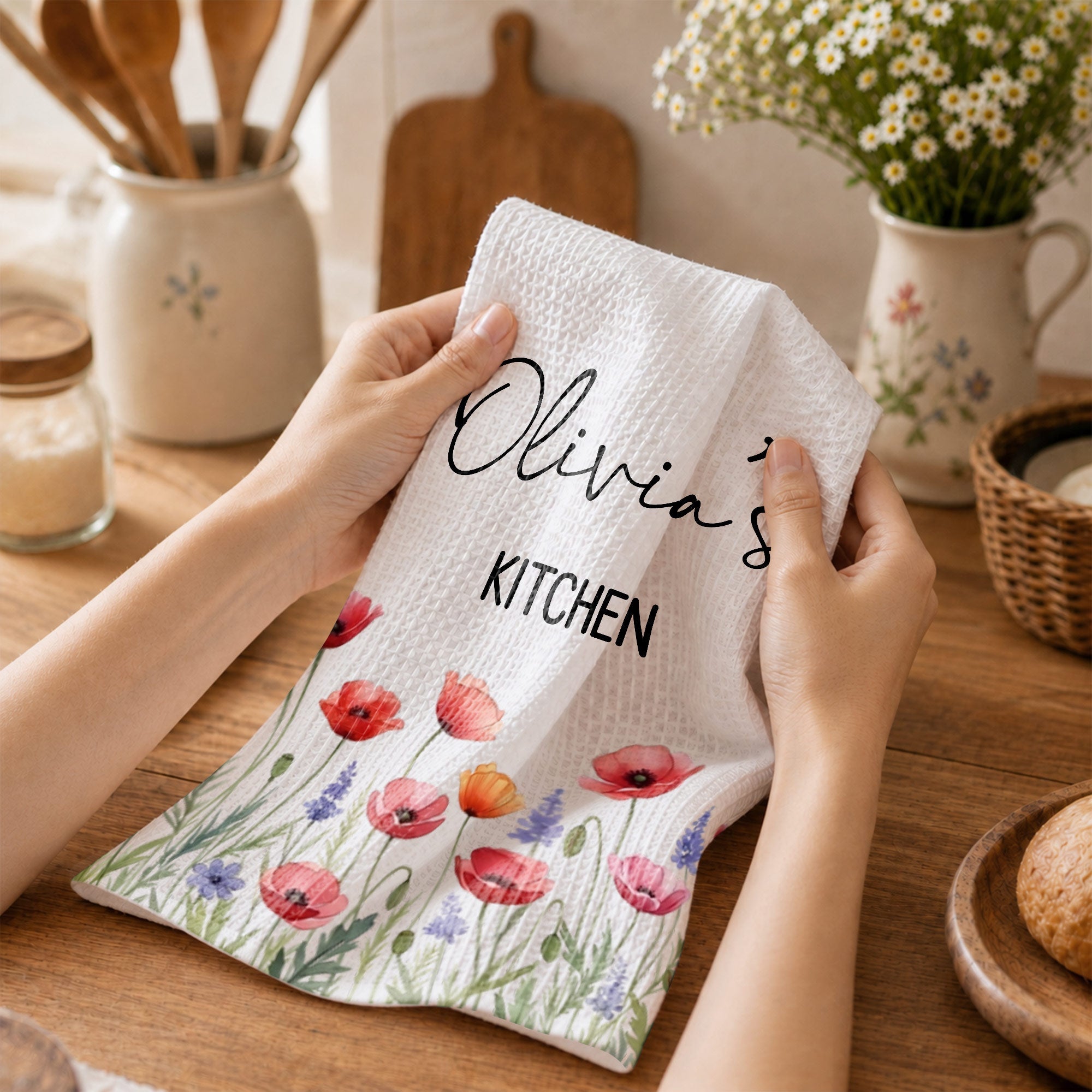 Personalized Kitchen Towel Birth Month Flowers Custom Gift Kitchen Towel GradoCreations