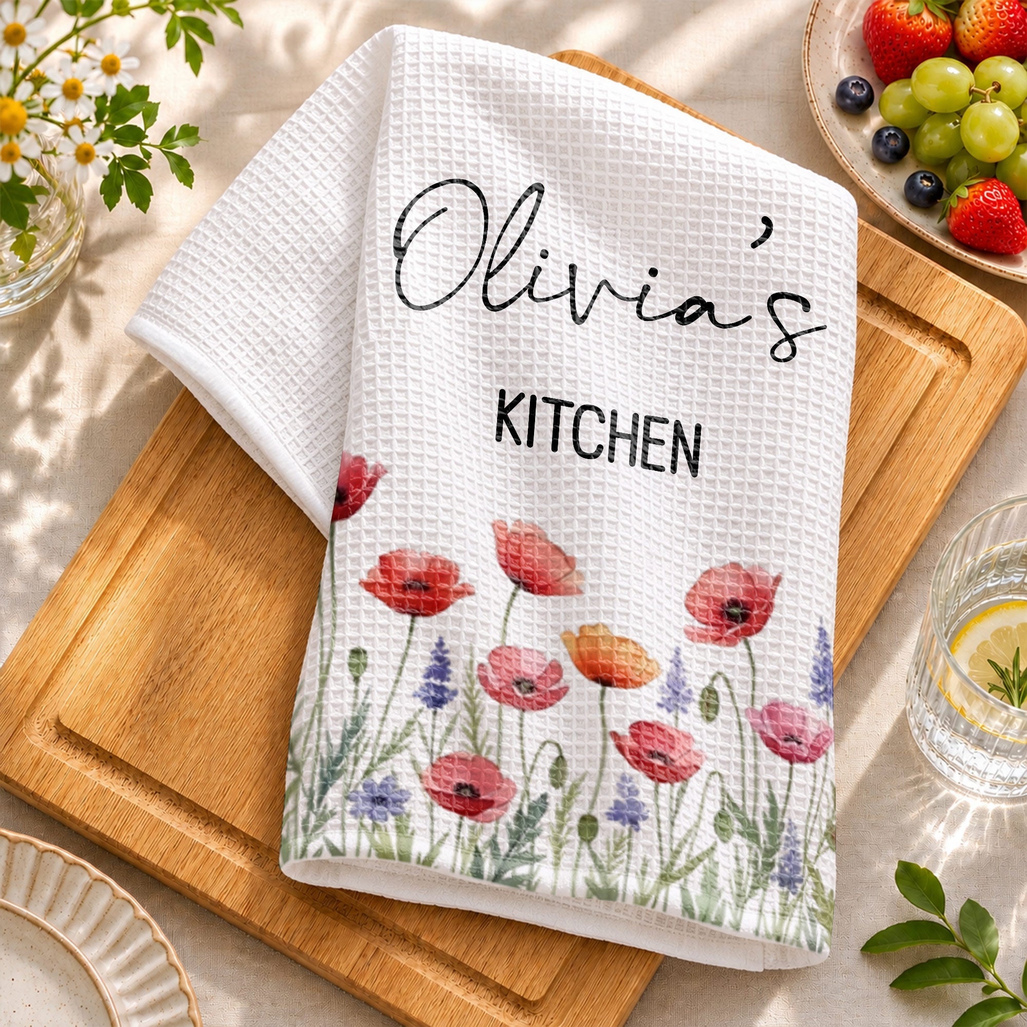 Personalized Kitchen Towel Birth Month Flowers Custom Gift Kitchen Towel GradoCreations