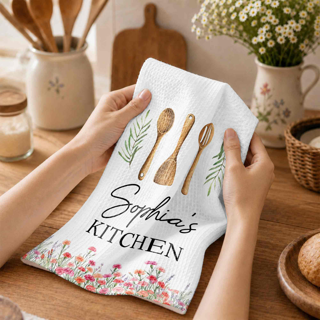 Personalized Kitchen Towel Custom Name Floral Design Gift