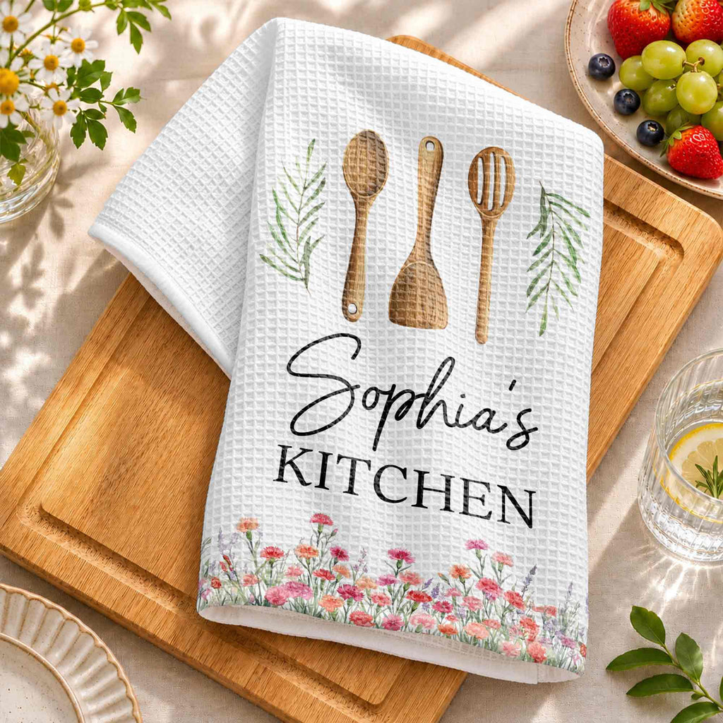 Personalized Kitchen Towel Custom Name Floral Design Gift
