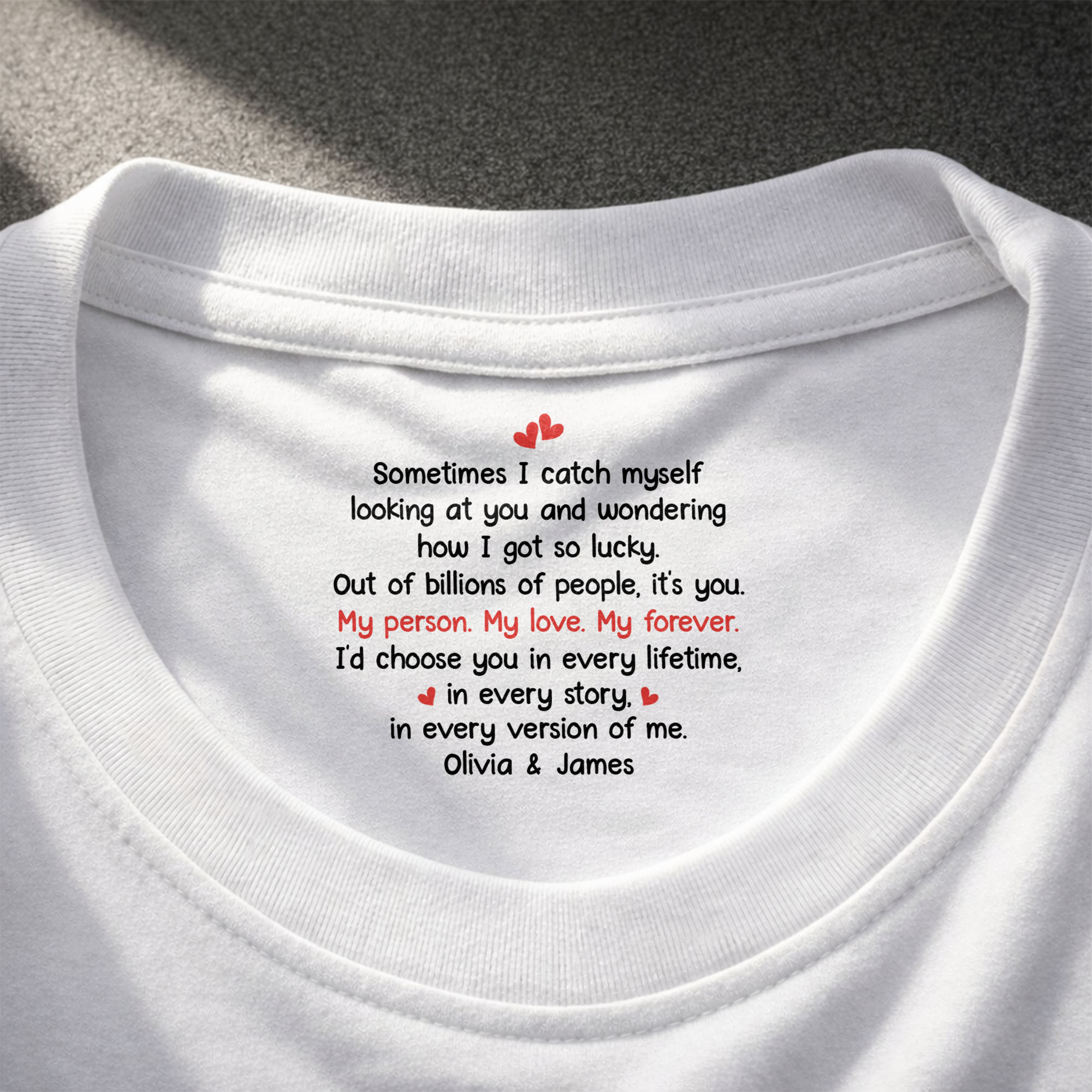 Personalized Romantic Couple T-Shirt with Inside Neck Print Gift Basic Shirt, Print inside back collar GradoCreations