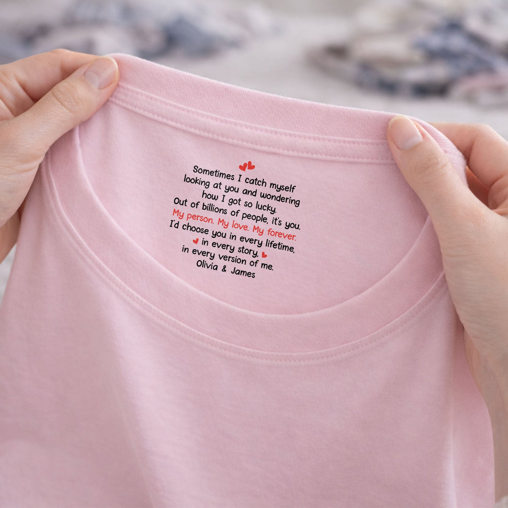 Personalized Romantic Couple T-Shirt with Inside Neck Print Gift Basic Shirt, Print inside back collar GradoCreations