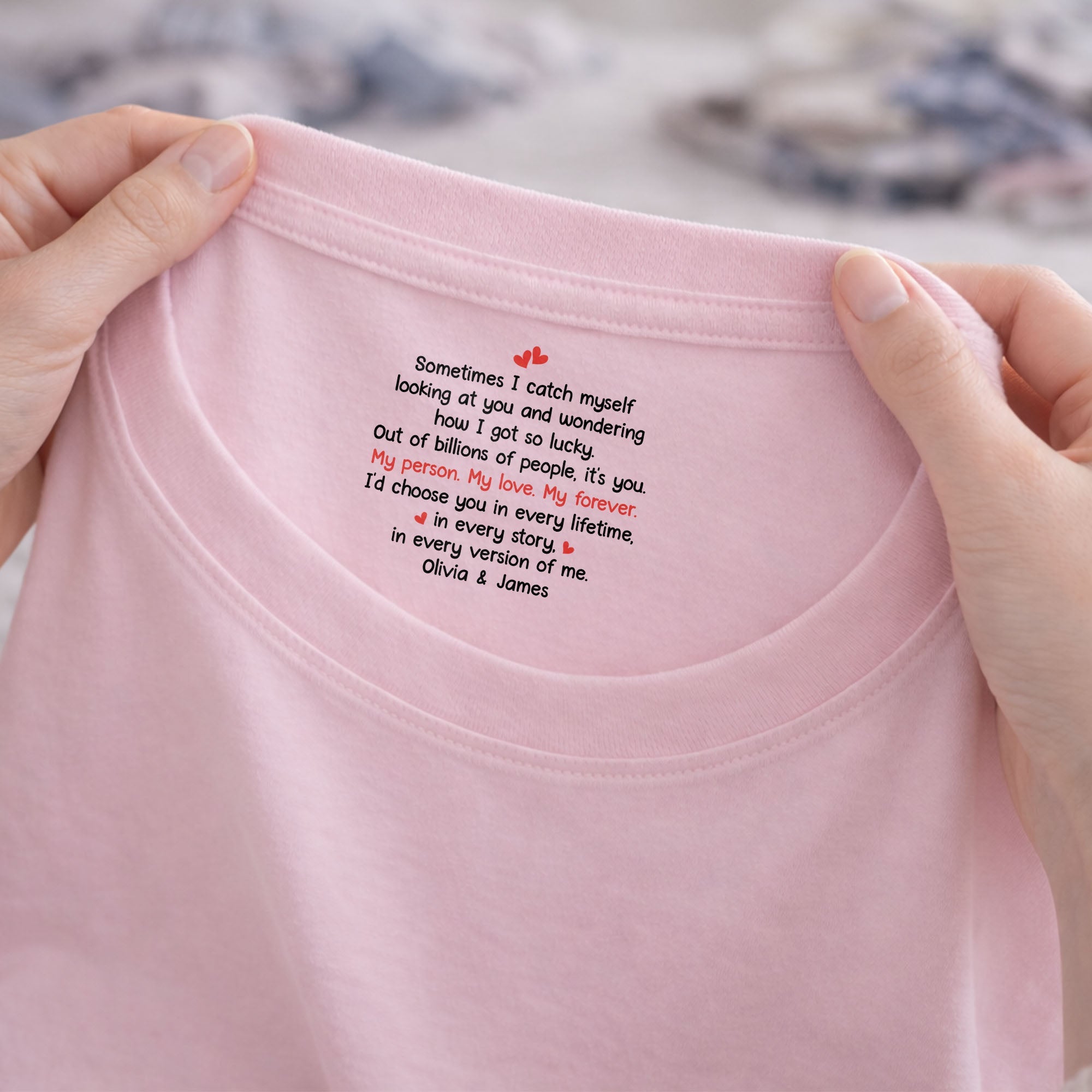Personalized Romantic Couple T-Shirt with Inside Neck Print Gift Basic Shirt, Print inside back collar GradoCreations